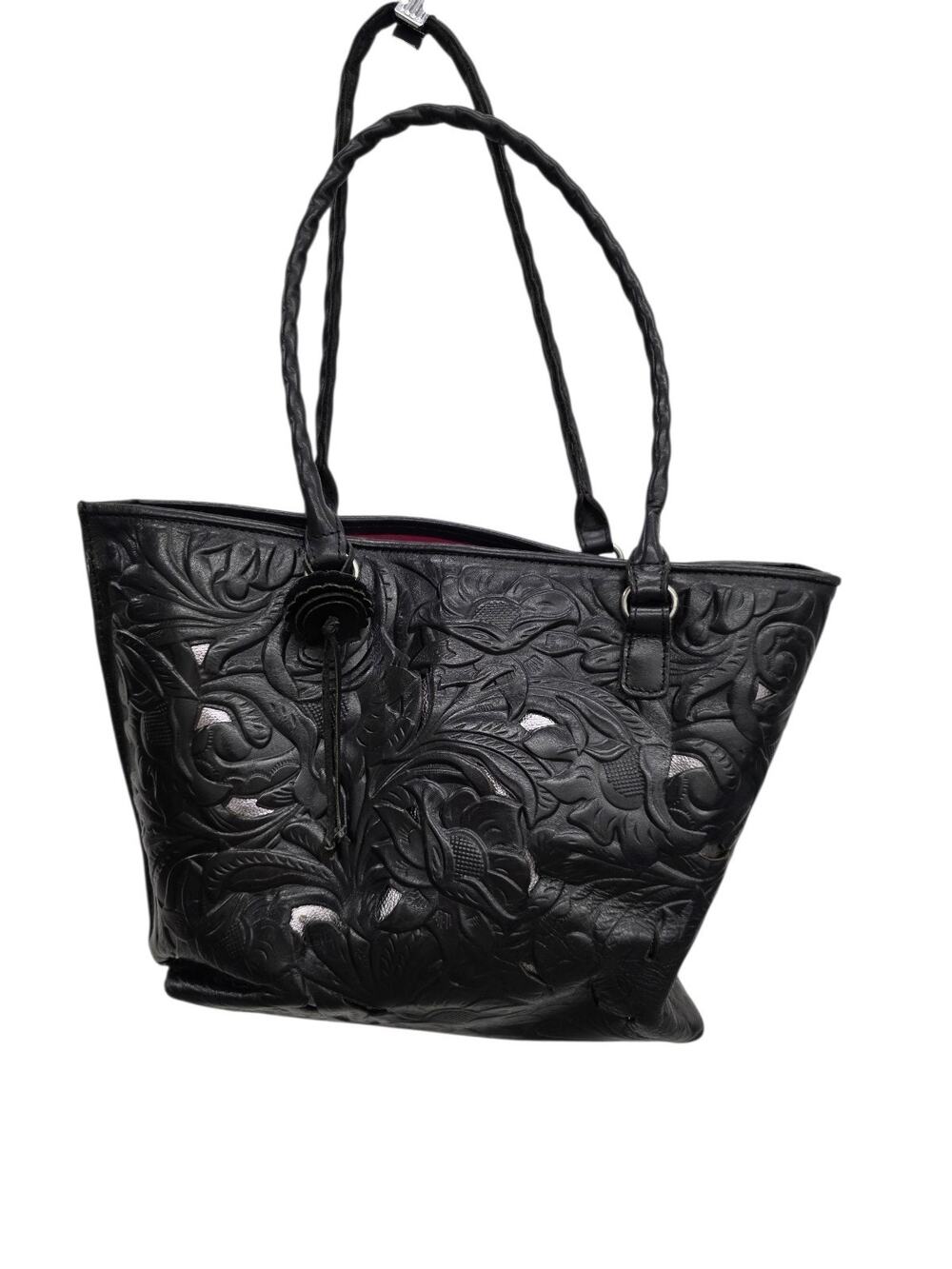 Patricia Nash Black Leather Cutout Adeline Tote - Pink Interior